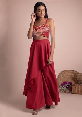 Cherry Red Printed Crepe Fusion Set