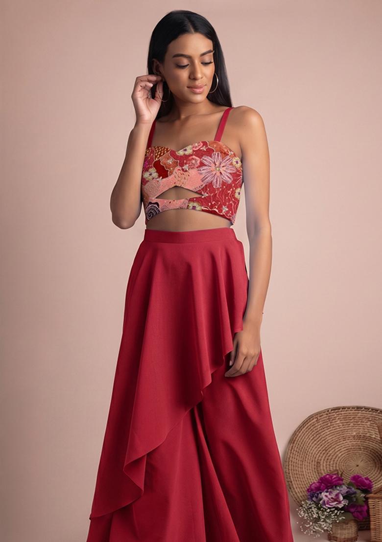 Cherry Red Printed Crepe Fusion Set - Indya
