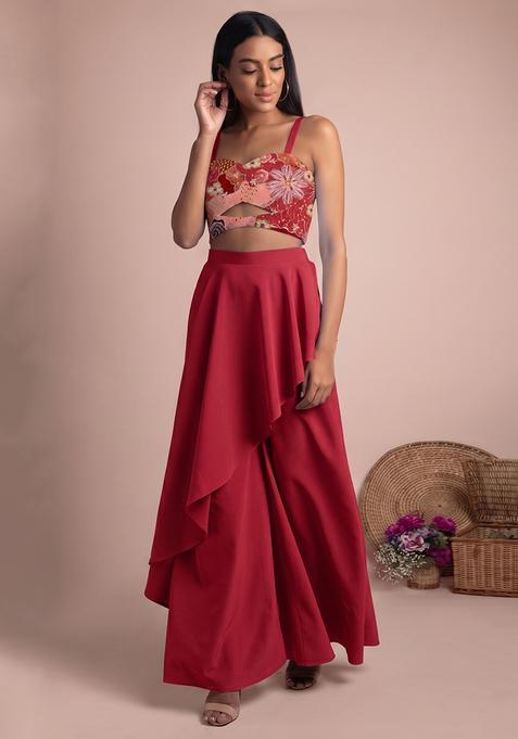 Cherry Red Velvet Embroidered Fusion Set