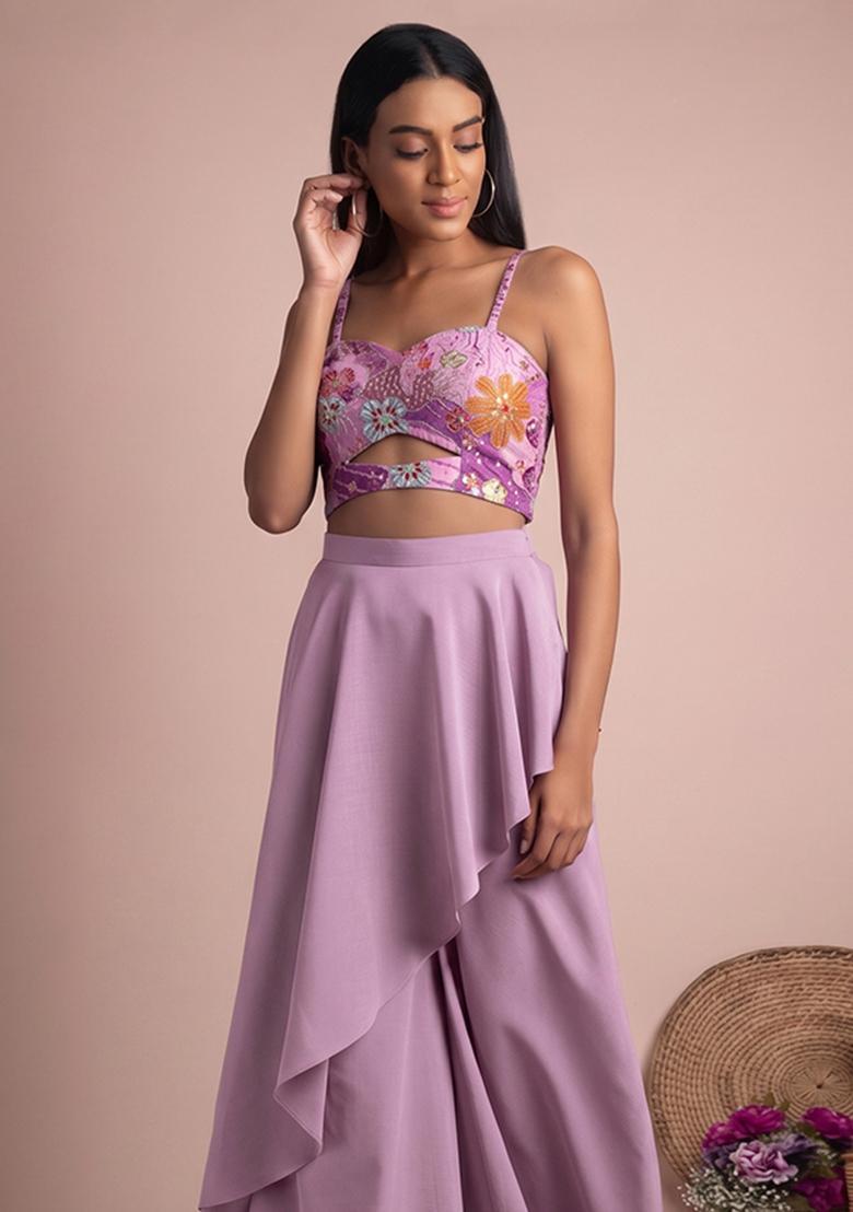 Lilac Printed Crepe Fusion Set - Indya