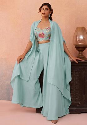 Mint Green Embroidered Organza Fusion Set