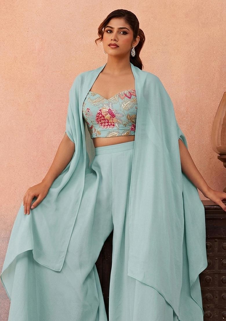 Mint Green Embroidered Organza Fusion Set - Indya