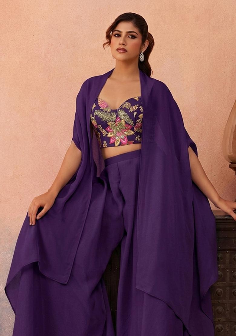 Deep Purple Embroidered Organza Fusion Set - Indya