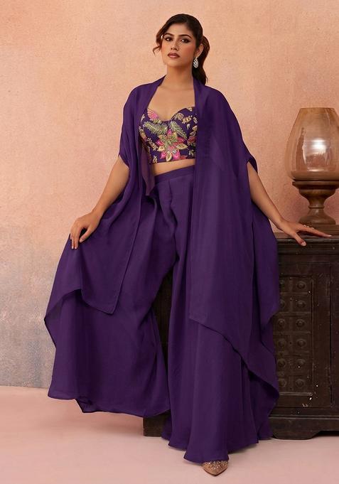 Deep Purple Embroidered Organza Fusion Set