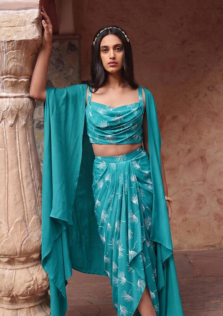 Teal Printed Poly Blend Fusion Set - Indya