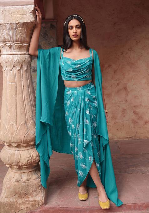 Teal Crepe Floral Print Fusion Set