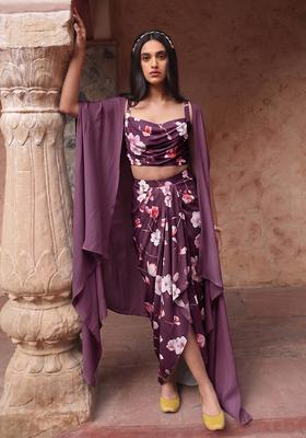 Wine Printed Silk Fusion Set