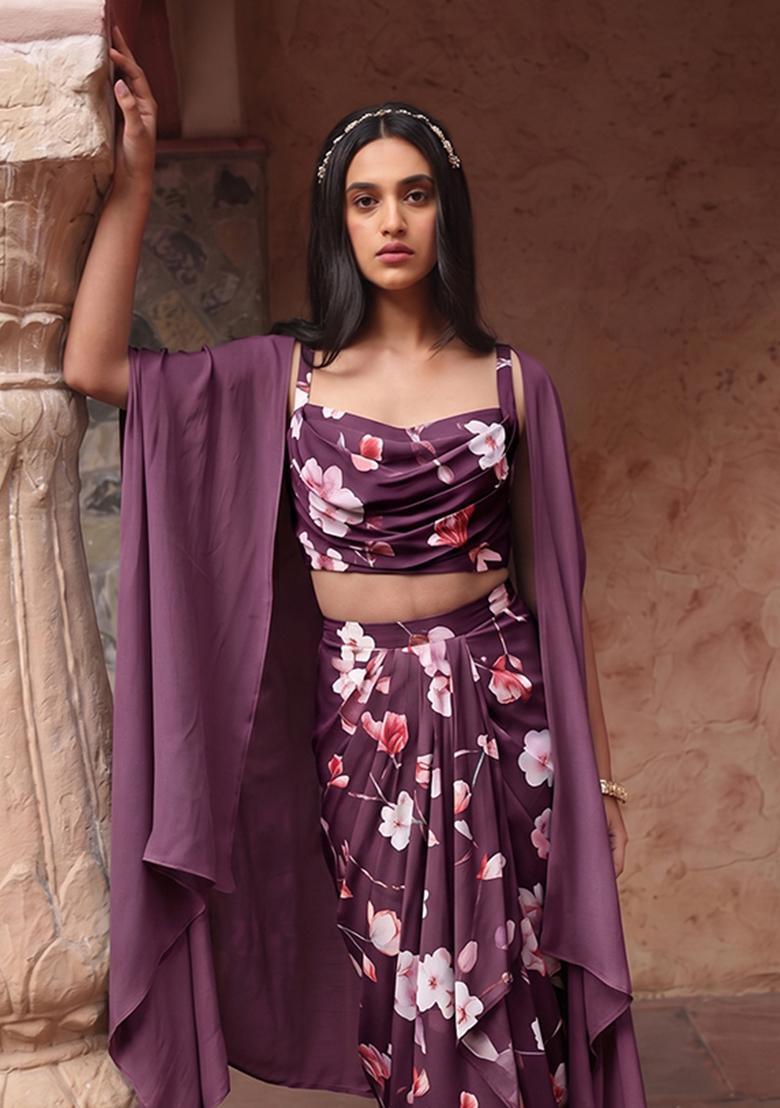 Wine Printed Silk Fusion Set - Indya