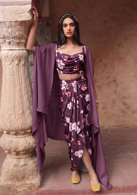 Wine Crepe Floral Print Fusion Set