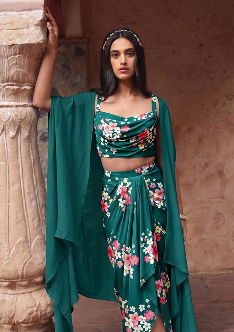 Dark Turquoise Printed Silk Fusion Set - Indya