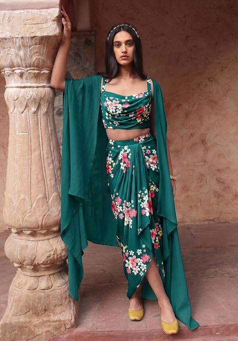 Dark Turquoise Printed Silk Fusion Set