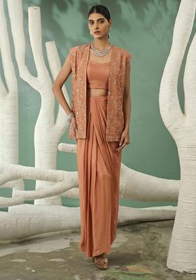 Peach Embroidered Organza Fusion Set