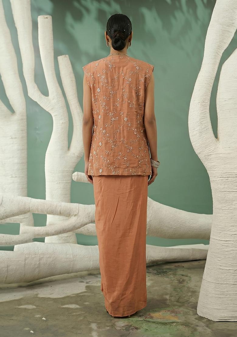 Peach Embroidered Organza Fusion Set - Indya