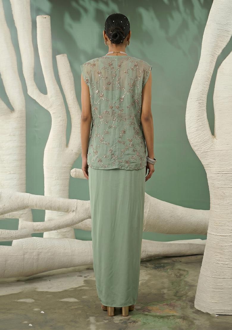 Mint Green Embroidered Organza Fusion Set - Indya