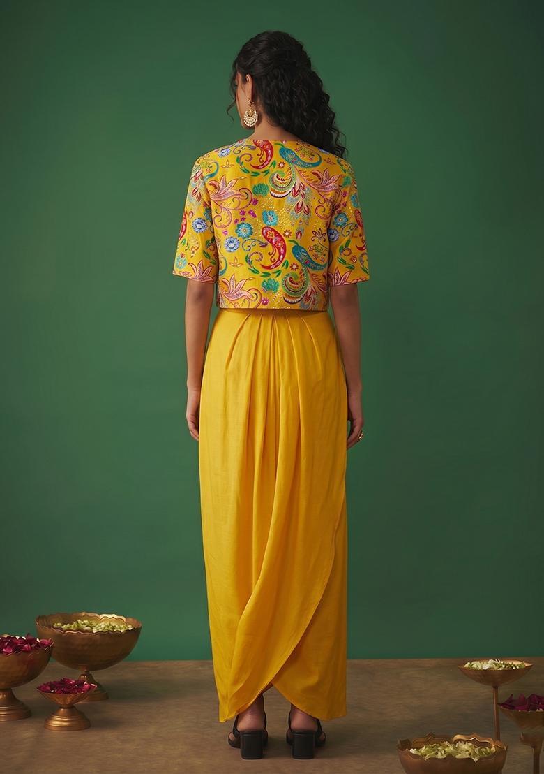 Mustard Printed Crepe Fusion Set - Indya