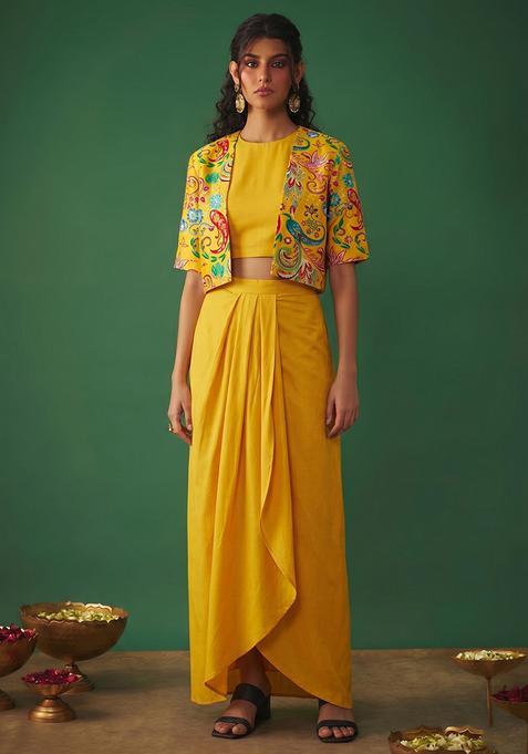 Mustard Silk Blend Embroidered Fusion Set