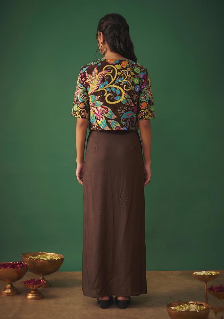 Chocolate Brown Printed Crepe Fusion Set - Indya