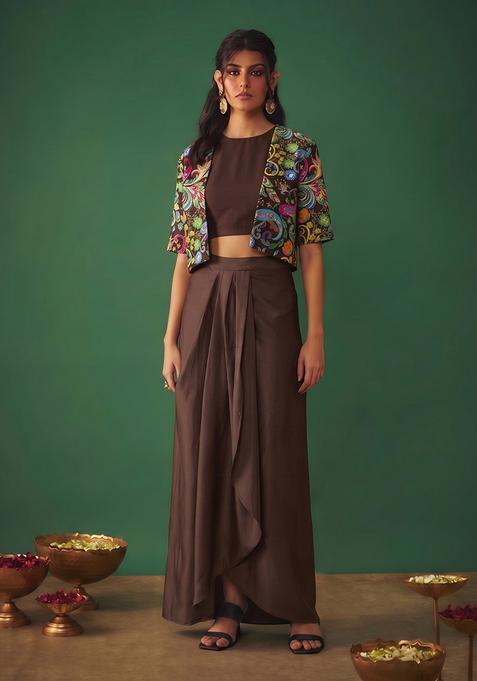 Chocolate Brown Printed Crepe Fusion Set