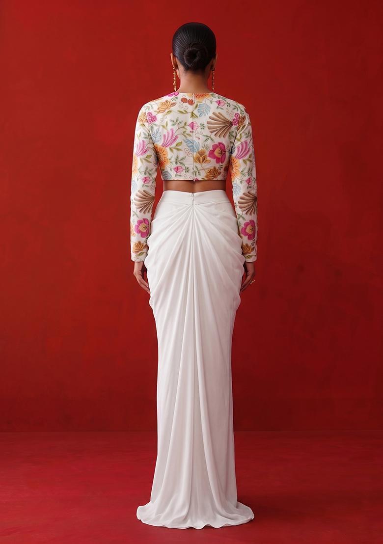 White Printed Organza Fusion Set - Indya