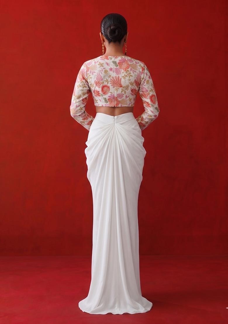 White Printed Organza Fusion Set - Indya