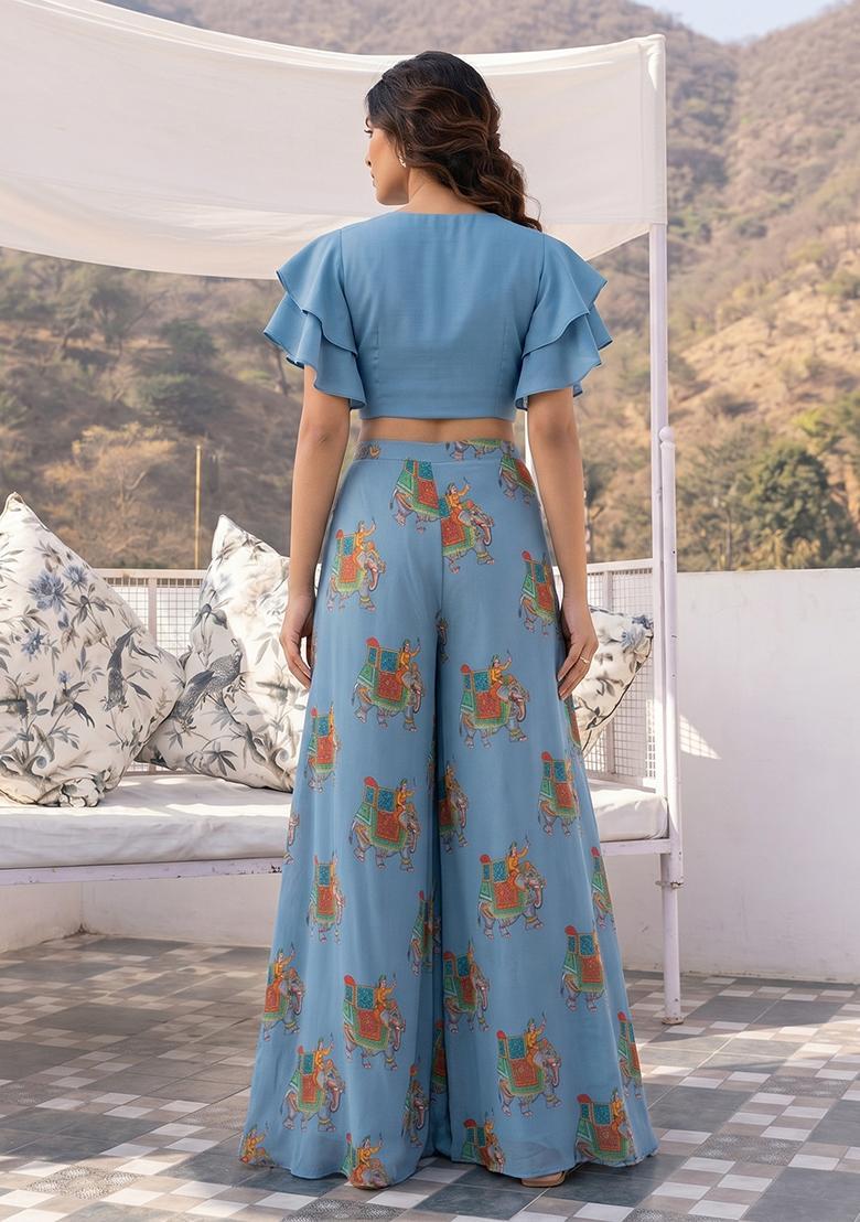 Sky Blue Printed Georgette Fusion Set - Indya