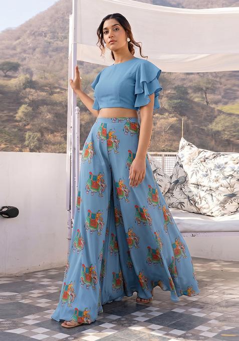 Sky Blue Crepe Printed Fusion Set