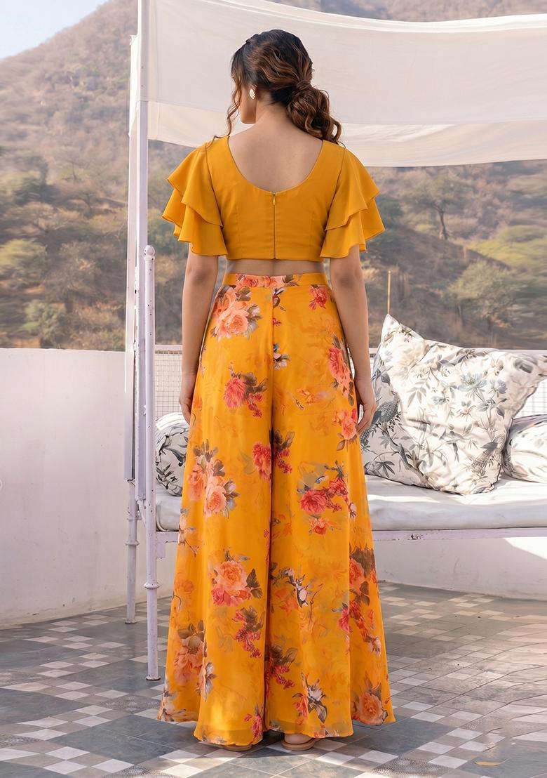 Mustard Printed Georgette Fusion Set - Indya