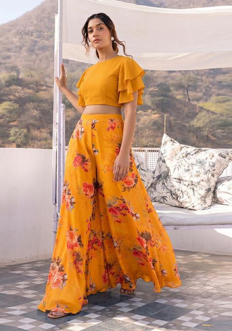 Mustard Printed Georgette Fusion Set