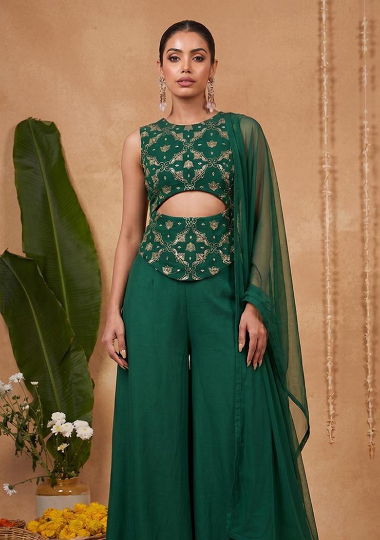 Bottle Green Embroidered Net Fusion Set - Indya