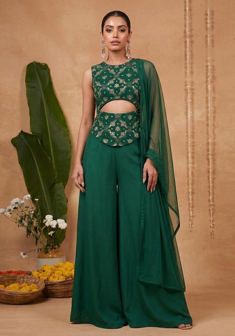 Bottle Green Embroidered Net Fusion Set