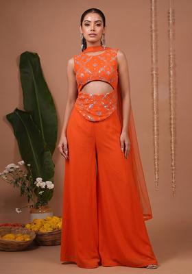 Orange Embroidered Net Fusion Set