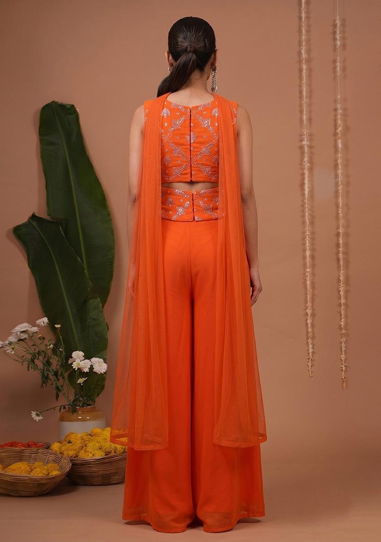 Orange Embroidered Net Fusion Set - Indya
