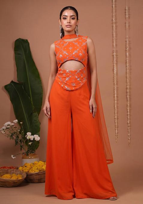 Orange Embroidered Net Fusion Set