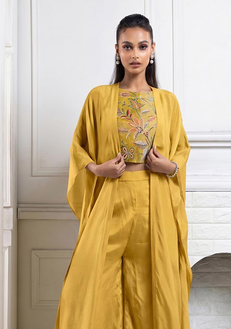 Mustard Printed Organza Fusion Set - Indya