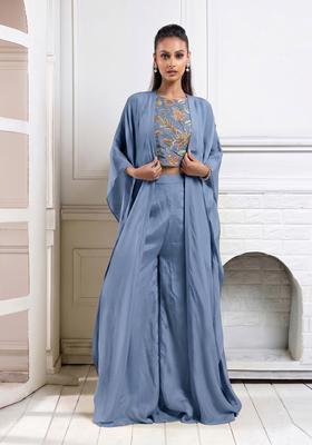 Dusty Blue Printed Organza Fusion Set