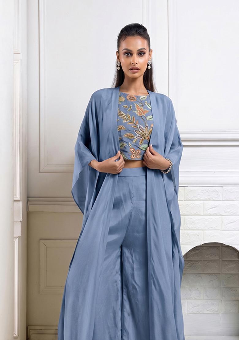 Dusty Blue Printed Organza Fusion Set - Indya