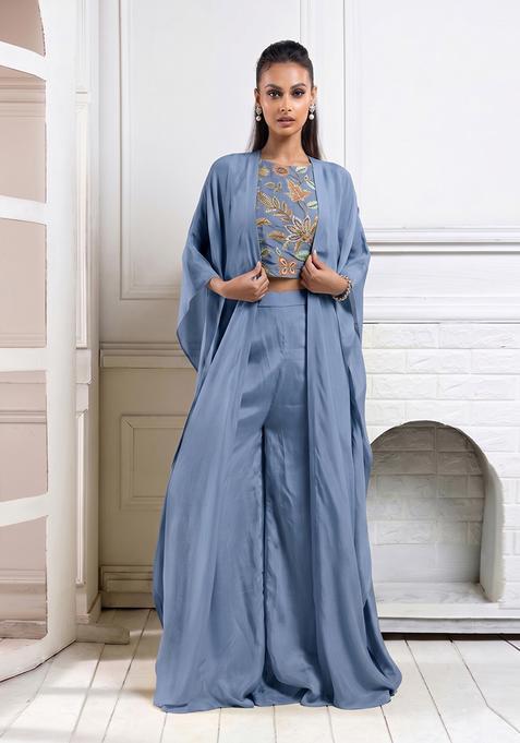 Dusty Blue Silk Blend Embroidered Fusion Set