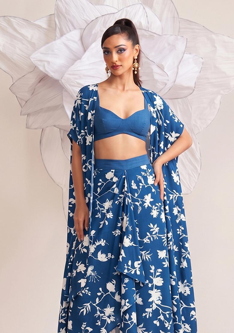 Royal Blue Printed Georgette Fusion Set - Indya
