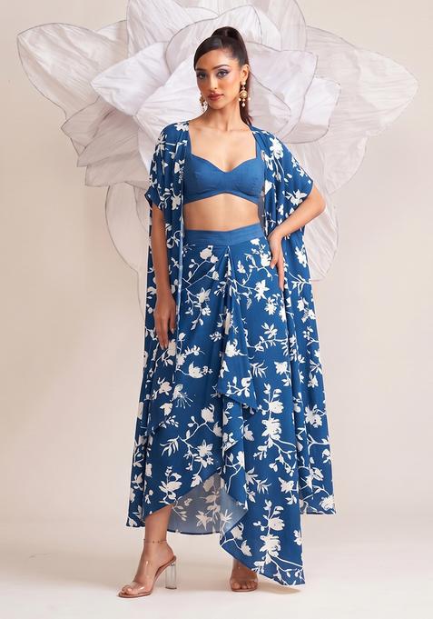 Royal Blue Crepe Floral Print Fusion Set