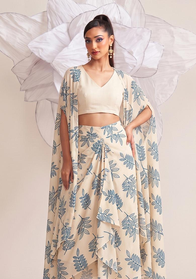 Beige Printed Georgette Fusion Set - Indya