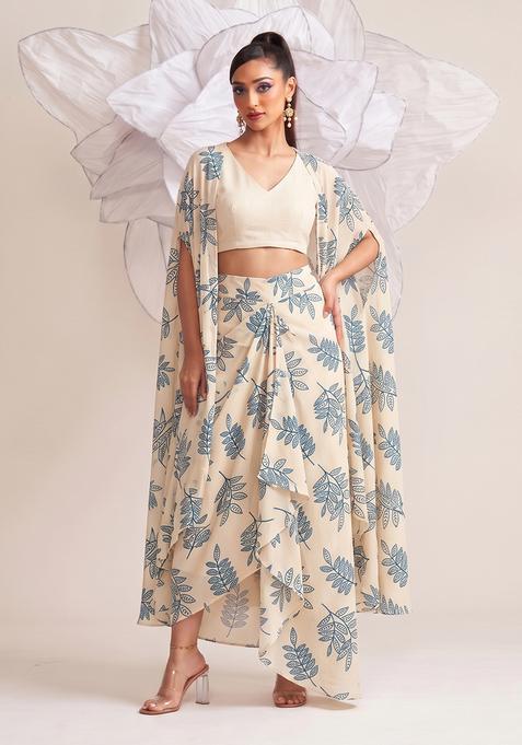 Beige Printed Georgette Fusion Set