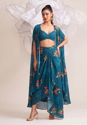 Teal Printed Georgette Fusion Set