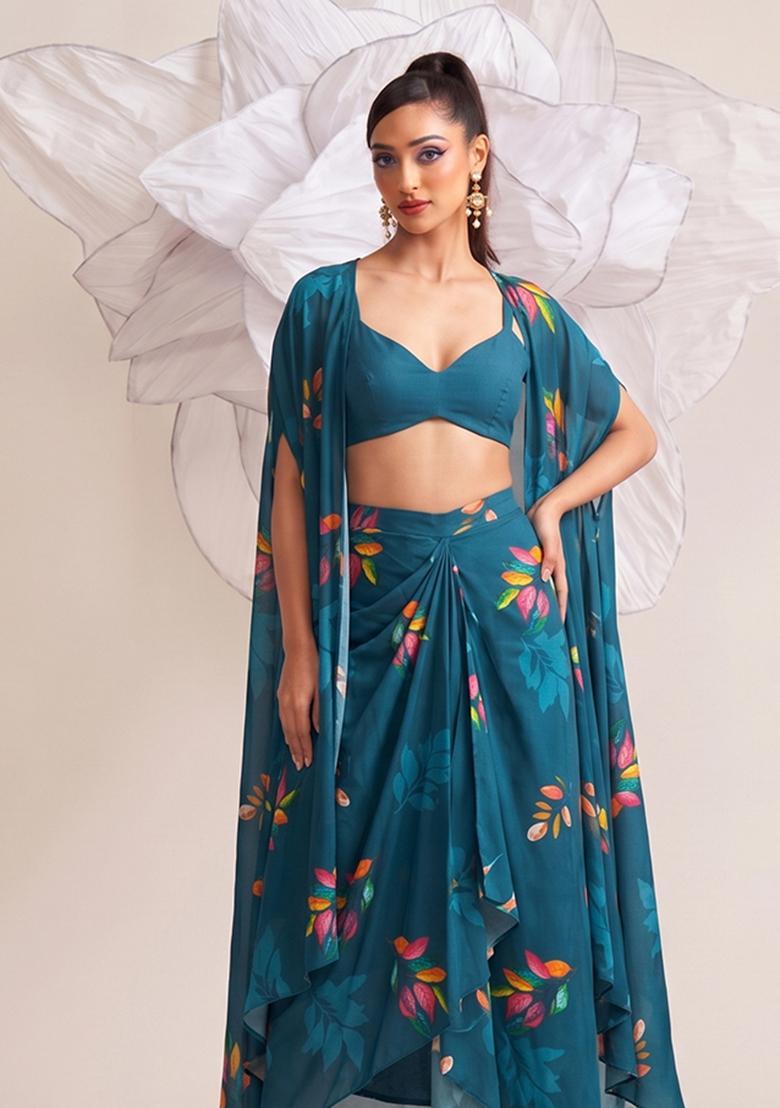 Teal Printed Georgette Fusion Set - Indya