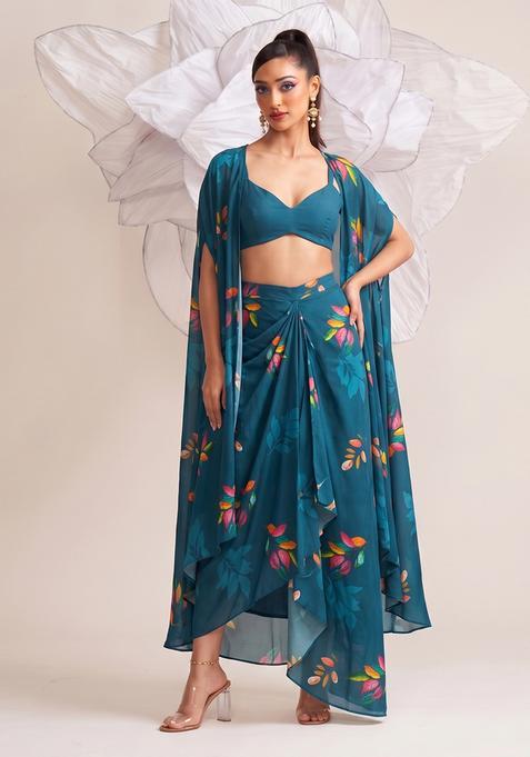 Teal Printed Georgette Fusion Set