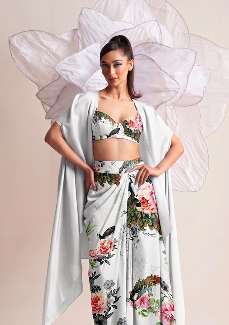 White Printed Poly Blend Fusion Set - Indya