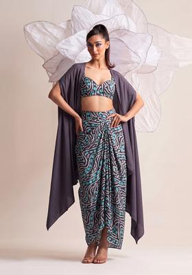 Charcoal Grey Printed Chiffon Fusion Set