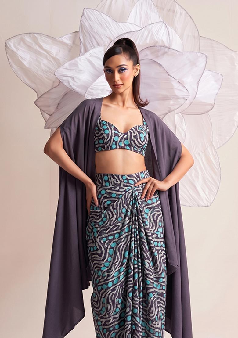 Charcoal Grey Printed Chiffon Fusion Set - Indya
