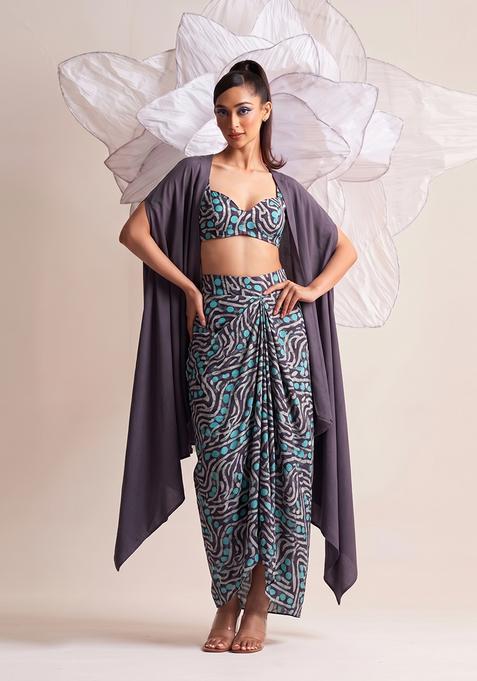 Charcoal Grey Printed Chiffon Fusion Set