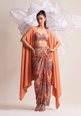 Rust Orange Printed Chiffon Fusion Set