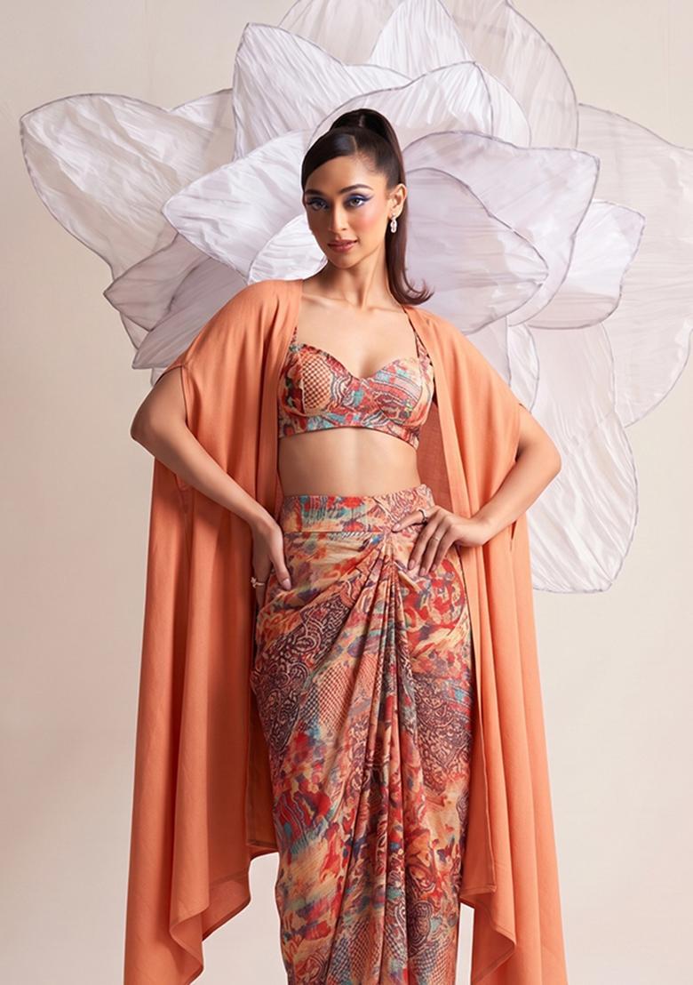 Rust Orange Printed Chiffon Fusion Set - Indya